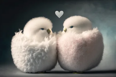 Two Fluffy White Chicks With A Heart Symbol