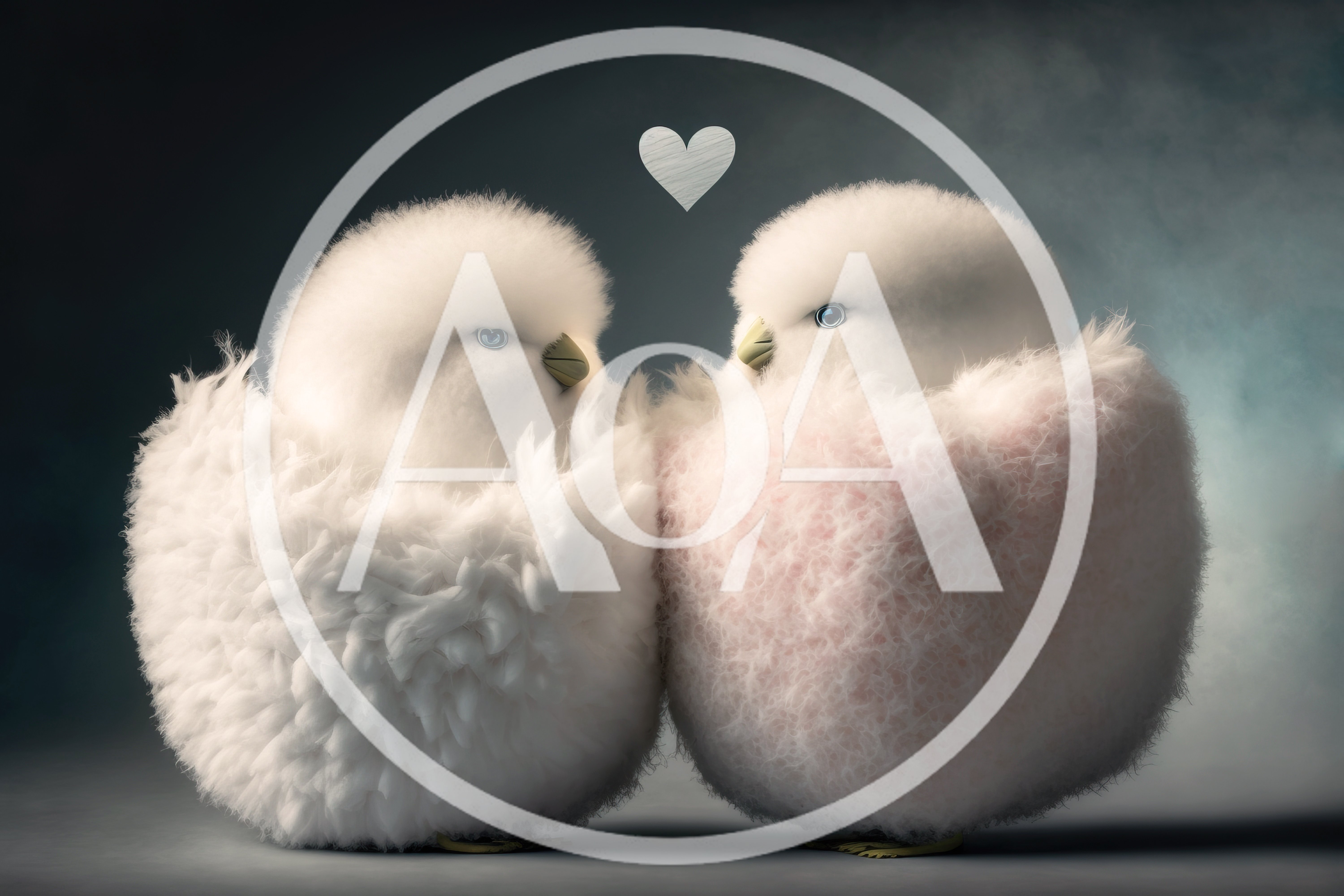 Two Fluffy White Chicks With A Heart Symbol