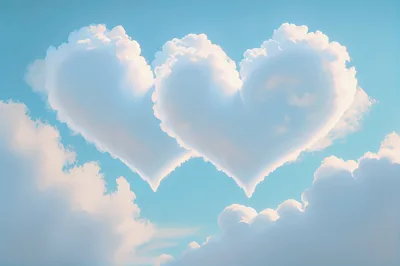 Two Heart Shaped Clouds Floating In A Blue Sky