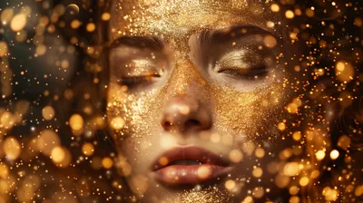 Close Up Portrait Of Woman With Golden Glitter Makeup