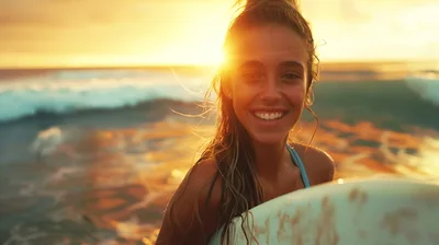 Smiling Surfer Girl Holding Surfboard at Sunset