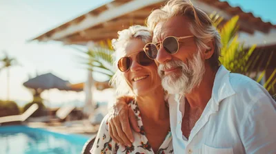 Happy Senior Couple Relaxing Together By A Sunny Pool