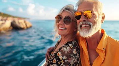 Happy Senior Couple Enjoying A Boat Trip At Sunset