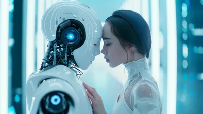 Human Woman And Android Robot Touching Foreheads