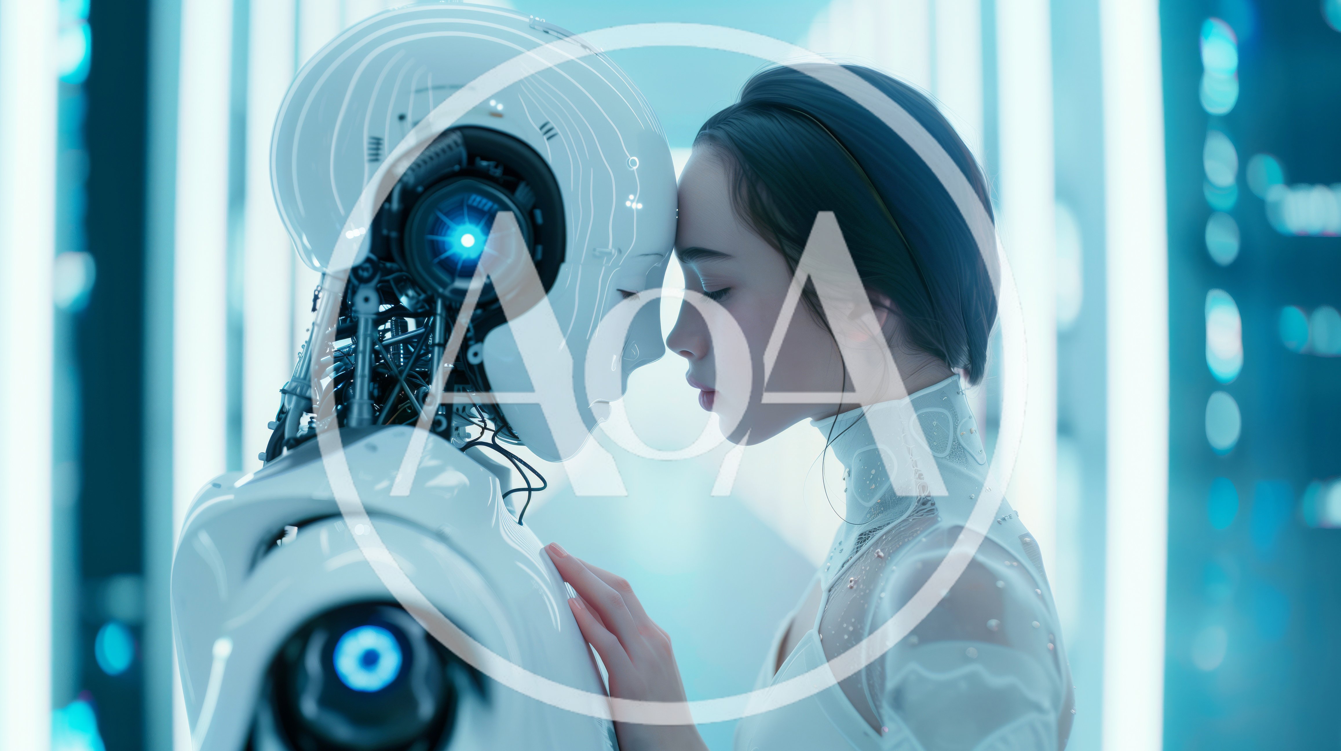 Human Woman And Android Robot Touching Foreheads