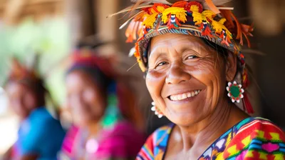 Indigenous Woman Smiling In Traditional Colorful Attire