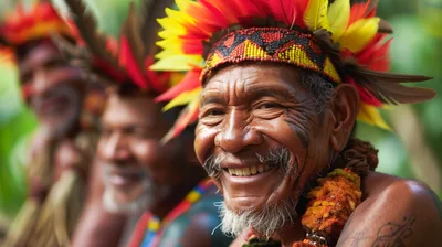 Portrait Of Smiling Indigenous Amazonian Men In Traditional Headdresses