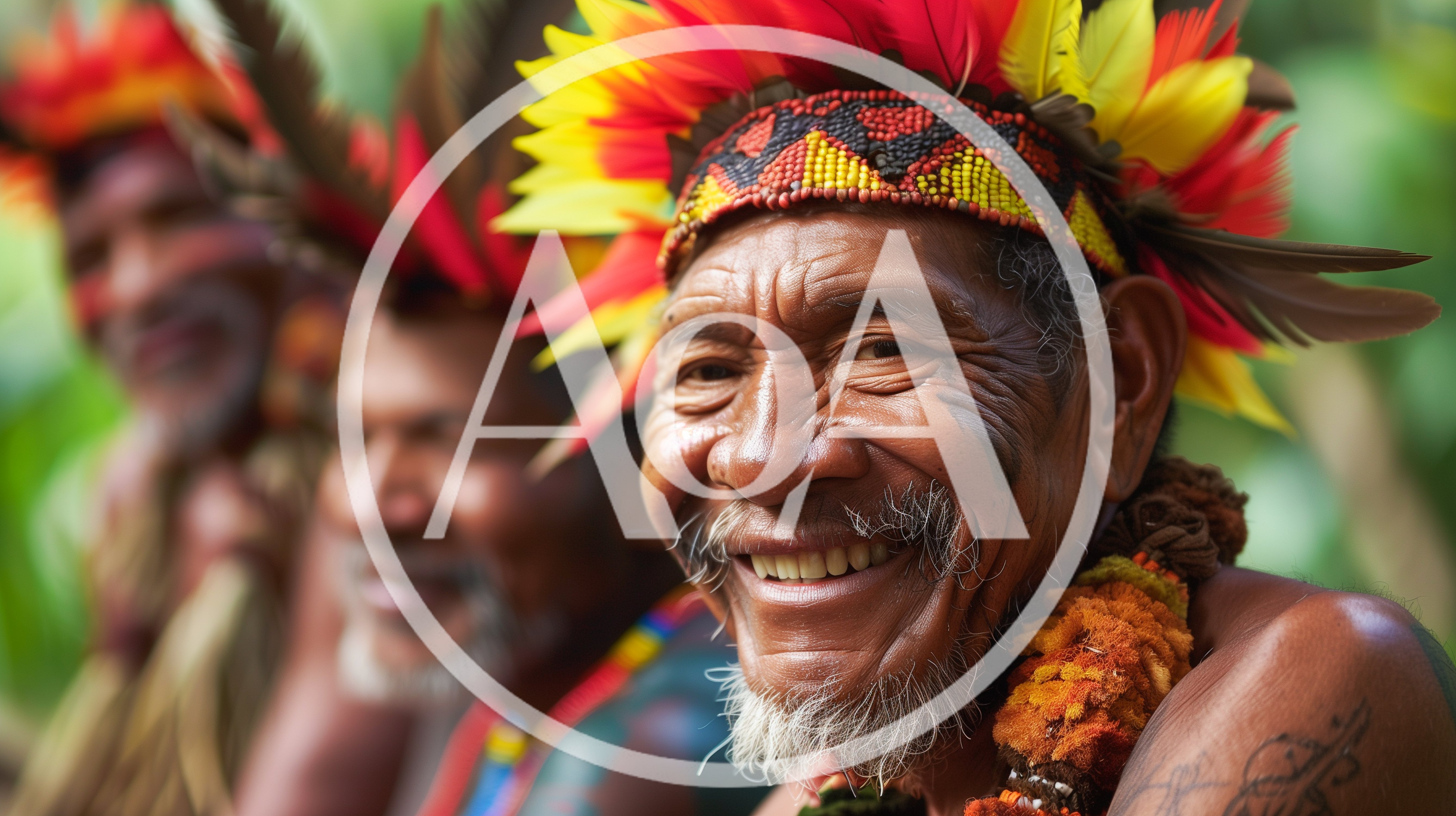 Portrait Of Smiling Indigenous Amazonian Men In Traditional Headdresses