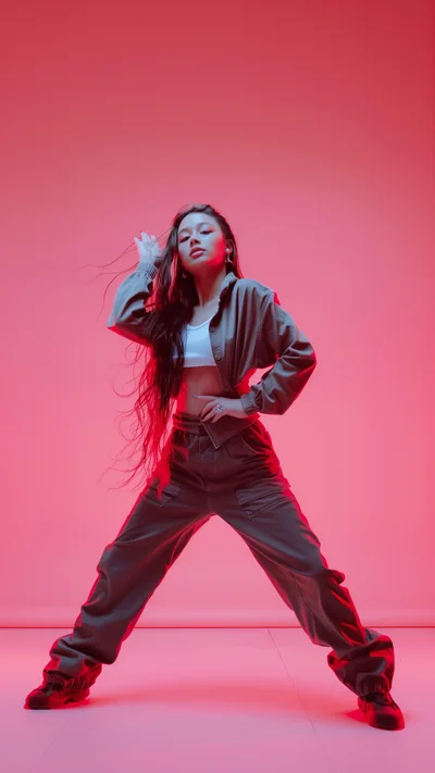 Young Woman Dancing In Streetwear Against Pink Background