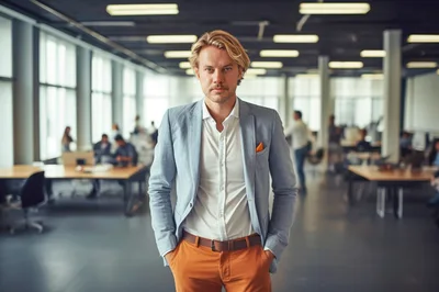 Confident Businessman Standing In Modern Open Plan Office