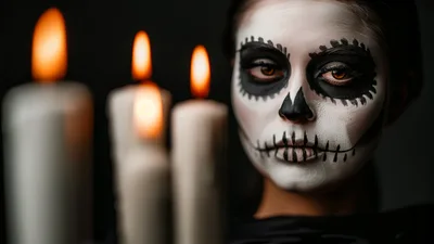 Woman With Sugar Skull Makeup And Lit Candles
