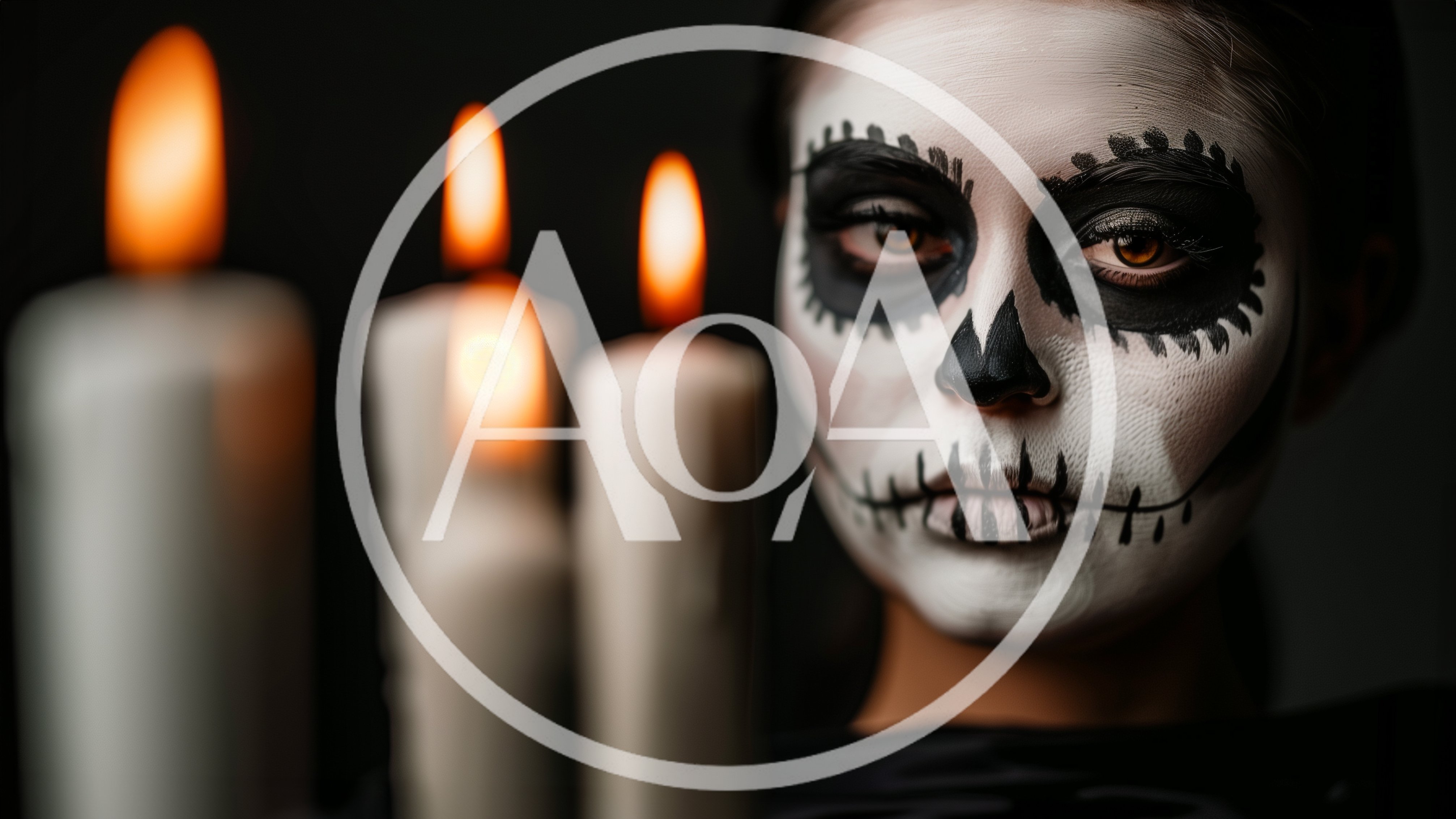 Woman With Sugar Skull Makeup And Lit Candles