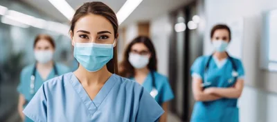 Group of Professional Nurses Standing in Hospital Corridor
