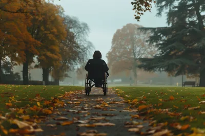 Person In Wheelchair On A Foggy Autumn Path