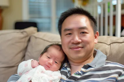 Asian Father Holding His Newborn Baby Daughter