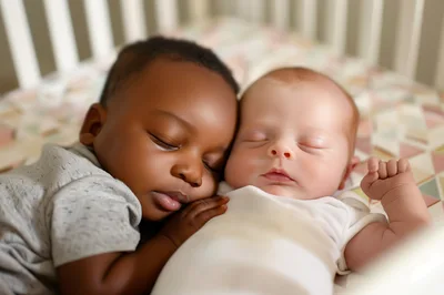 Two Diverse Newborn Babies Sleeping Together In A Crib