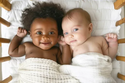 Two Diverse Babies Lying Together In A Crib