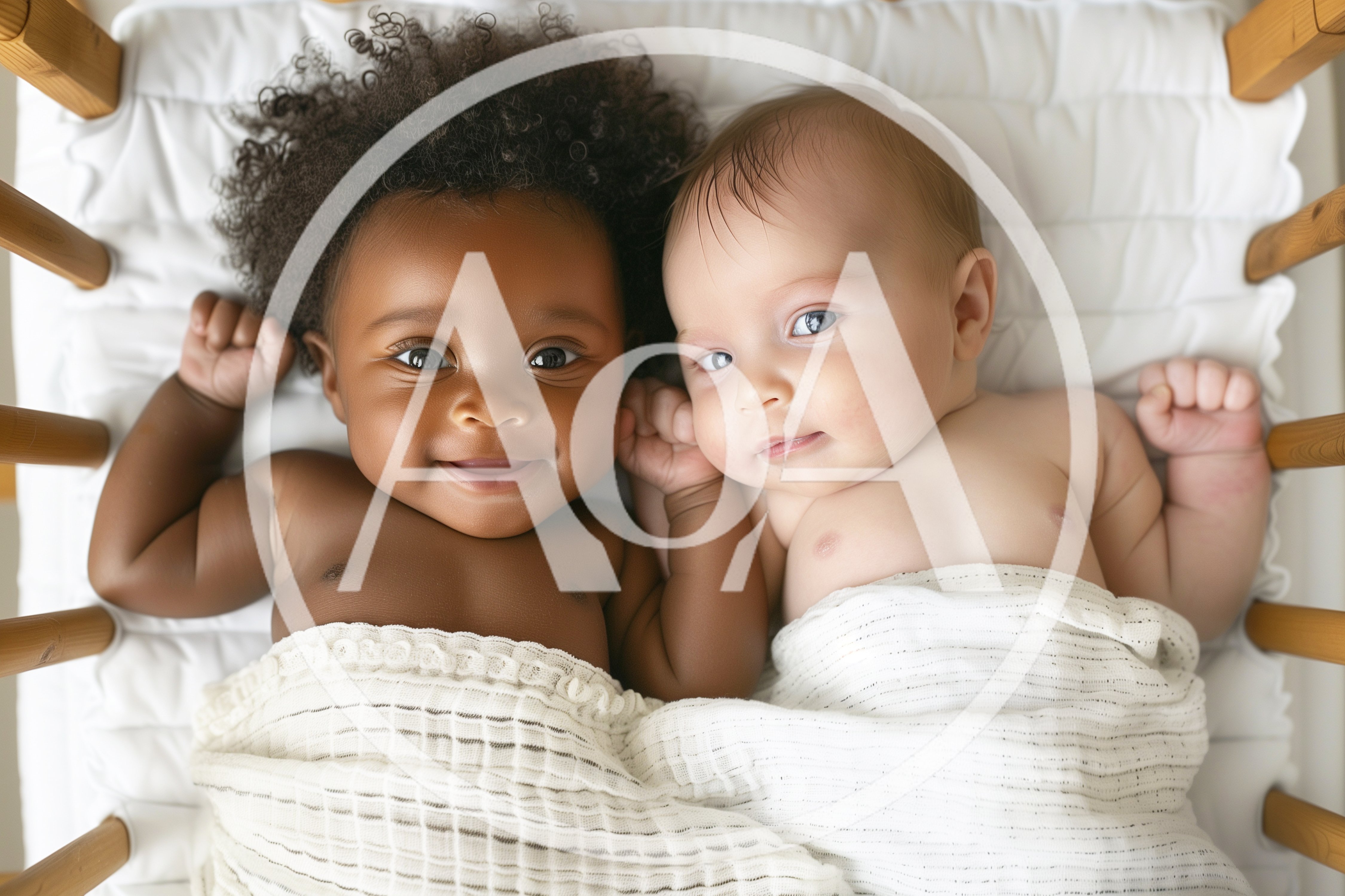Two Diverse Babies Lying Together In A Crib