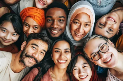Diverse Group Of Smiling People Looking Up
