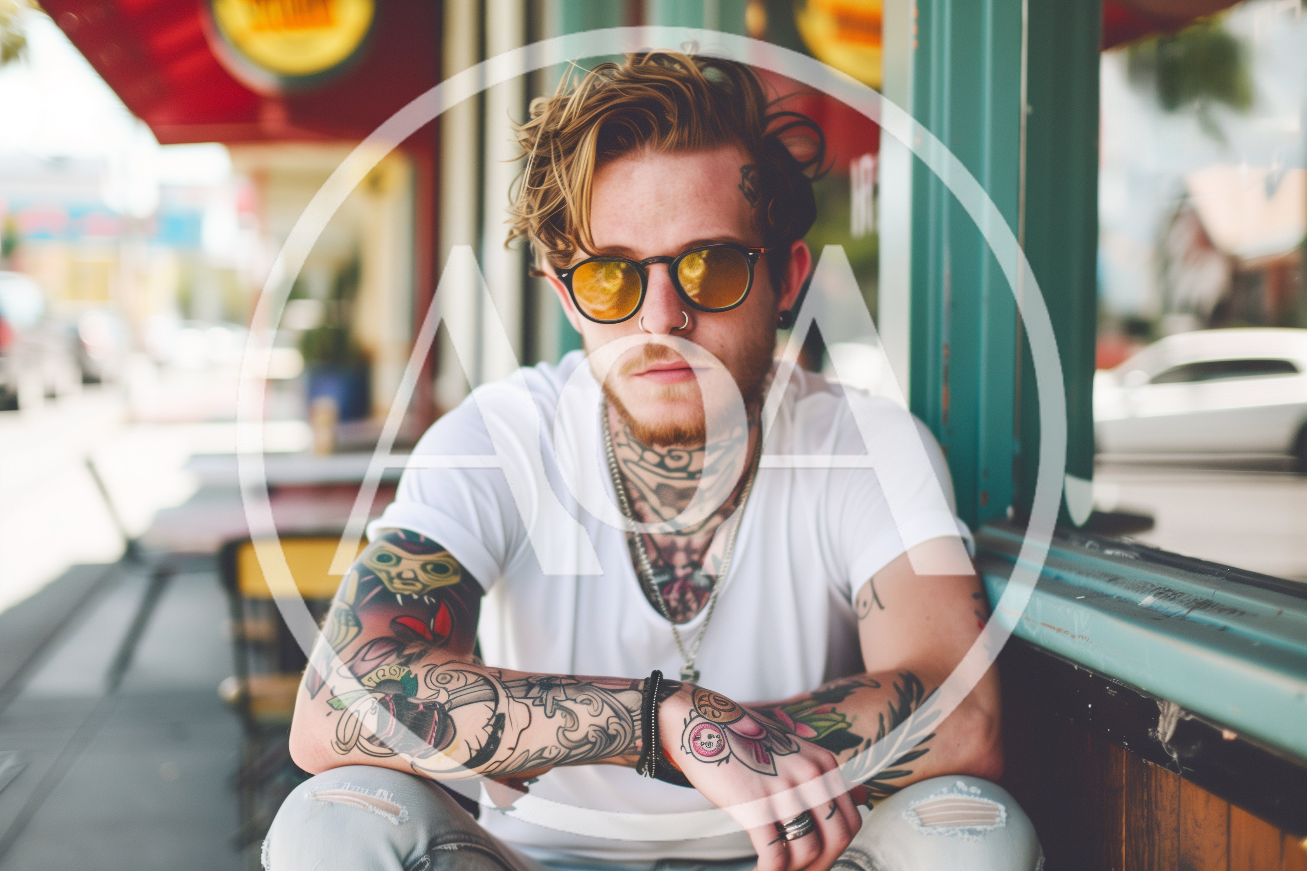 Young Man With Tattoos And Sunglasses Sitting Outdoors