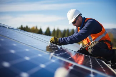 Solar Technician Installing Photovoltaic Panels On Rooftop