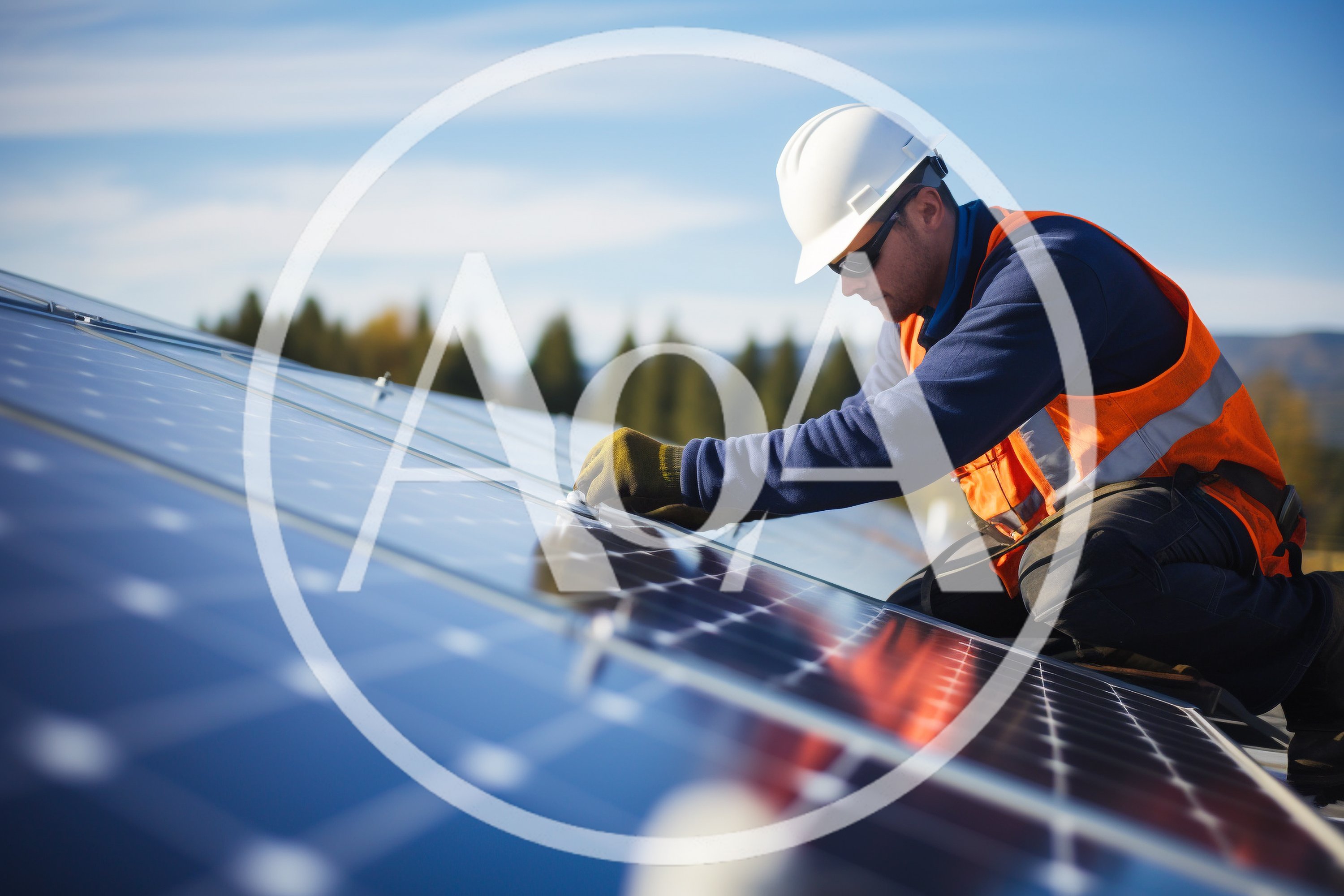 Solar Technician Installing Photovoltaic Panels On Rooftop