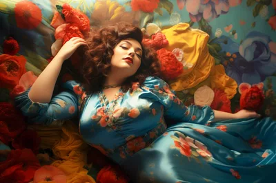 Woman With Curly Hair Resting Among Vibrant Floral Background