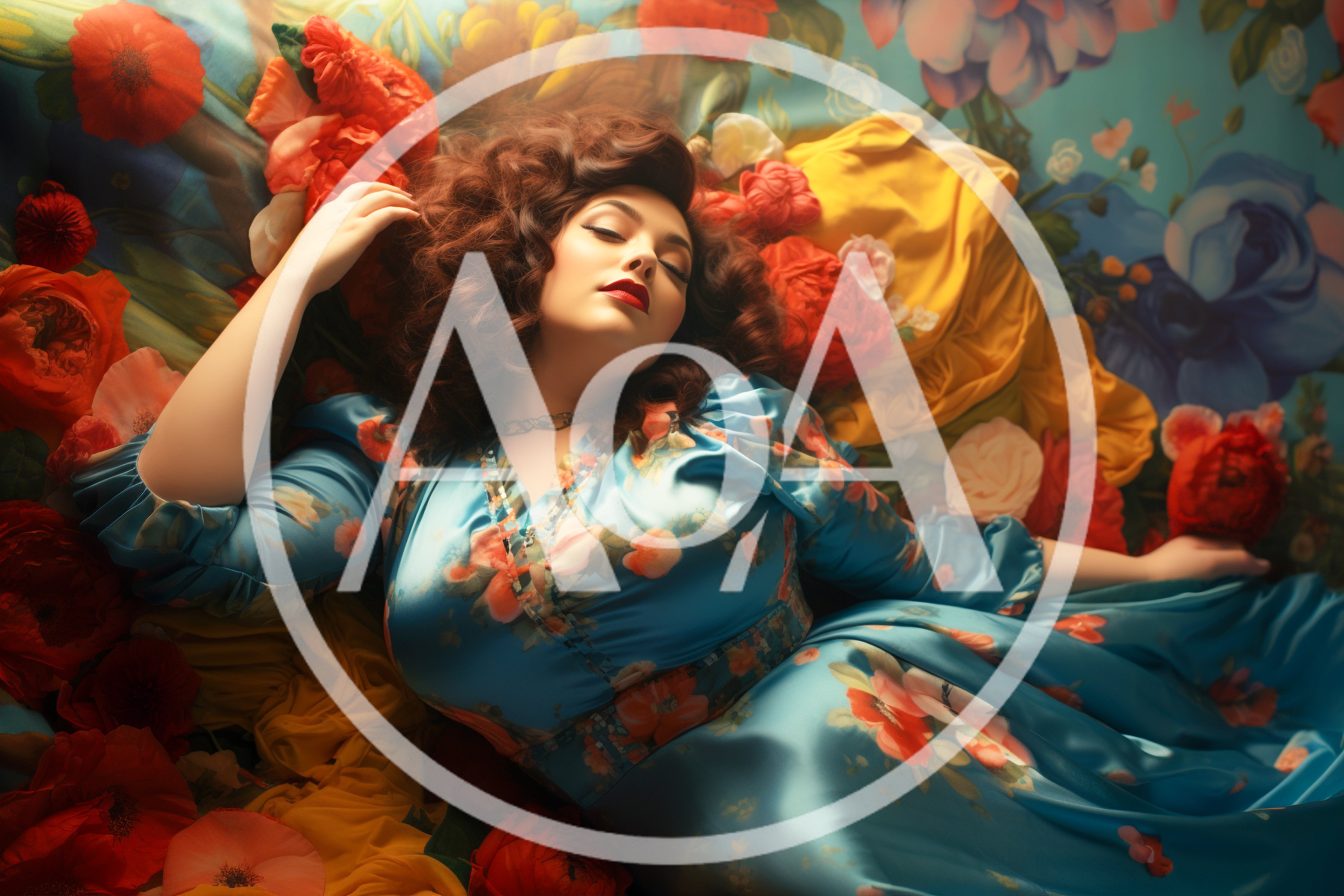 Woman With Curly Hair Resting Among Vibrant Floral Background