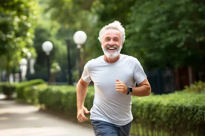 Senior Man Jogging Happily In A Park