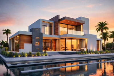 Modern Luxury Villa With Waterfront View At Sunset