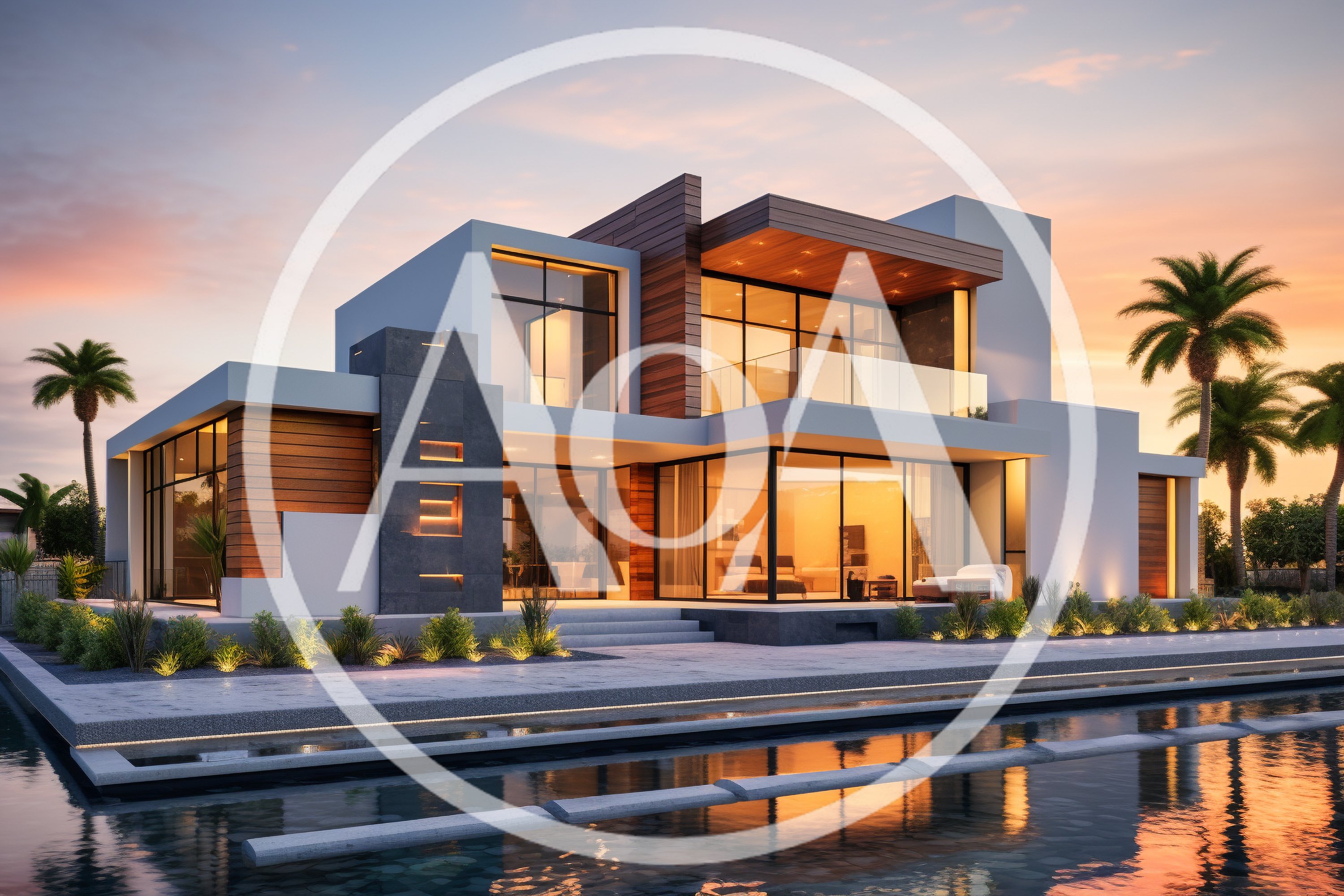 Modern Luxury Villa With Waterfront View At Sunset