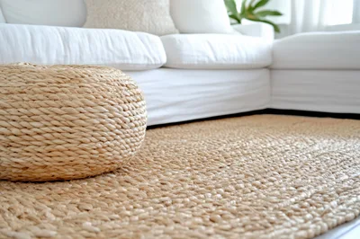 Woven Jute Ottoman And Area Rug In Living Room