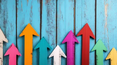 Colorful Wooden Arrows Pointing Upwards On Blue Background