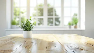 Potted Plant on Wooden Table in Bright Kitchen