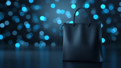Black Leather Shopping Bag Against Blue Bokeh Background