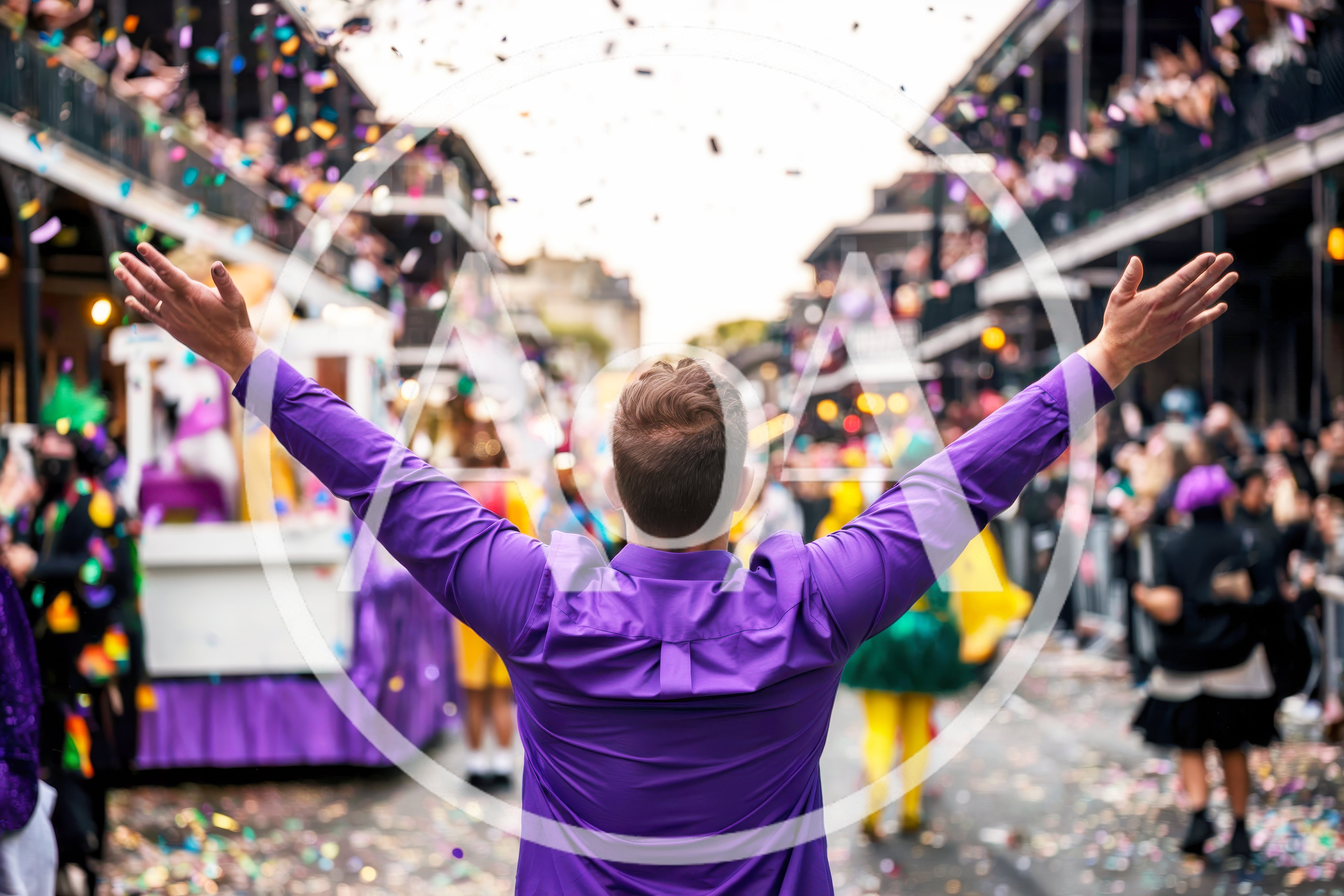 Man Celebrating With Arms Raised At Mardi Gras Parade