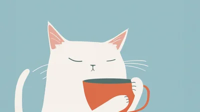 Minimalist Illustration Of A White Cat Holding A Mug