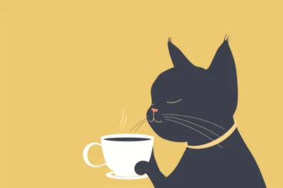 Minimalist Illustration Of A Black Cat Drinking Coffee