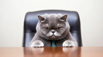 Serious British Shorthair Cat Wearing A Tie At Desk