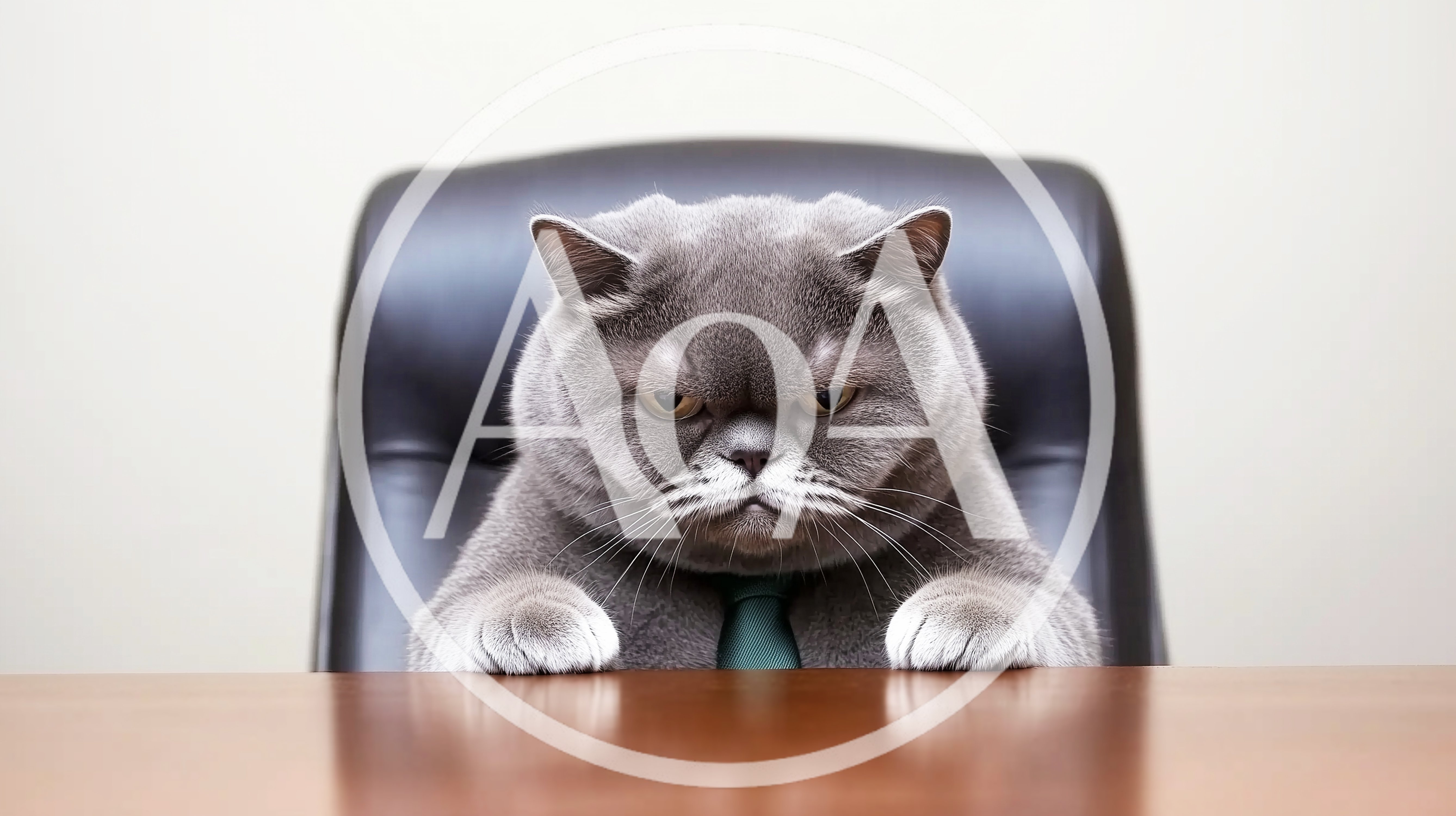 Serious British Shorthair Cat Wearing A Tie At Desk