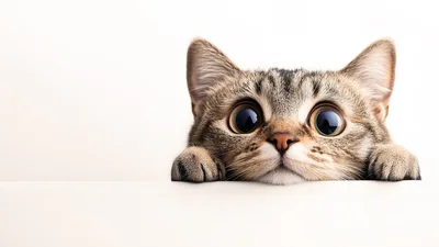 Cute Tabby Kitten Peeking Over A White Surface