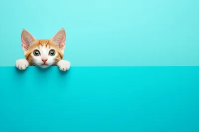 Cute Ginger Kitten Peeking Over A Blue Background