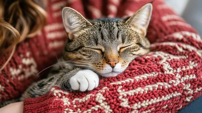 Tabby Cat Sleeping Comfortably In A Knitted Sweater