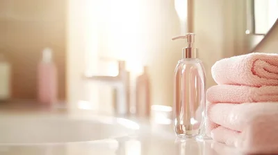 Clear Soap Dispenser And Stacked Pink Towels
