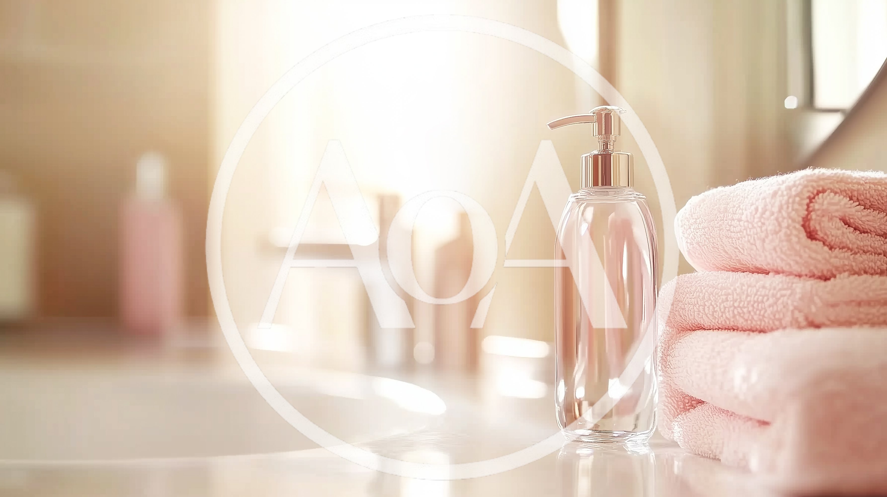 Clear Soap Dispenser And Stacked Pink Towels