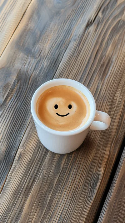 White Coffee Cup With A Smiley Face On Wood