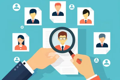 Recruiter Examining Candidate Resumes With Magnifying Glass