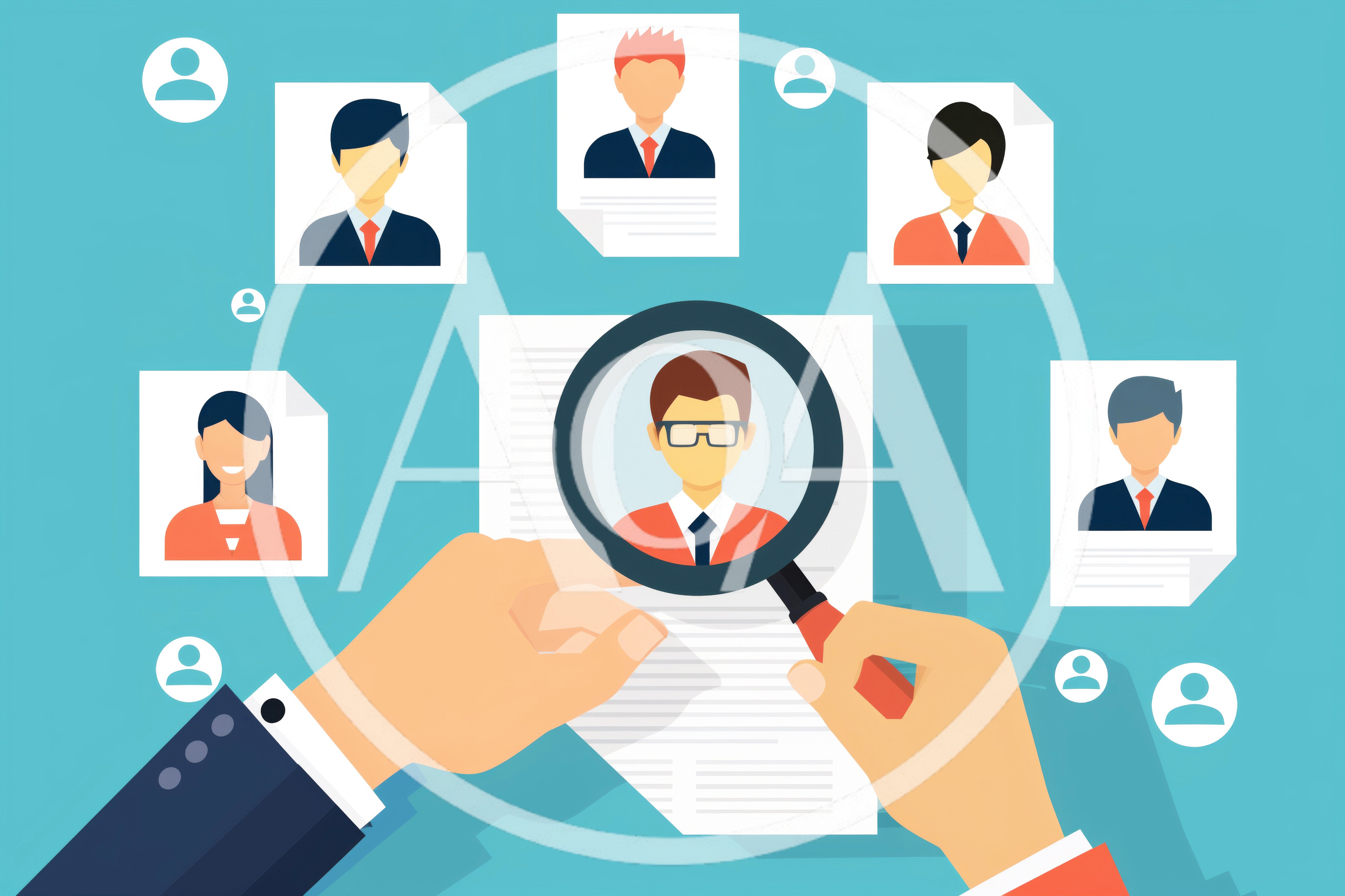 Recruiter Examining Candidate Resumes With Magnifying Glass