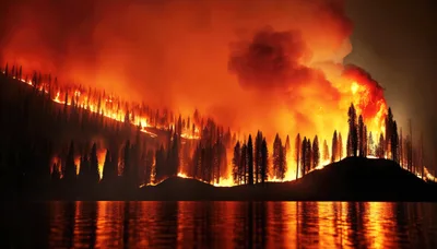 Intense Forest Fire Burning Along A Lake Shore