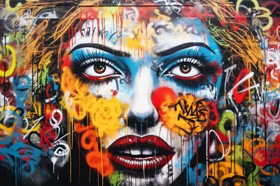 Vibrant Graffiti Portrait Of A Woman On Brick Wall
